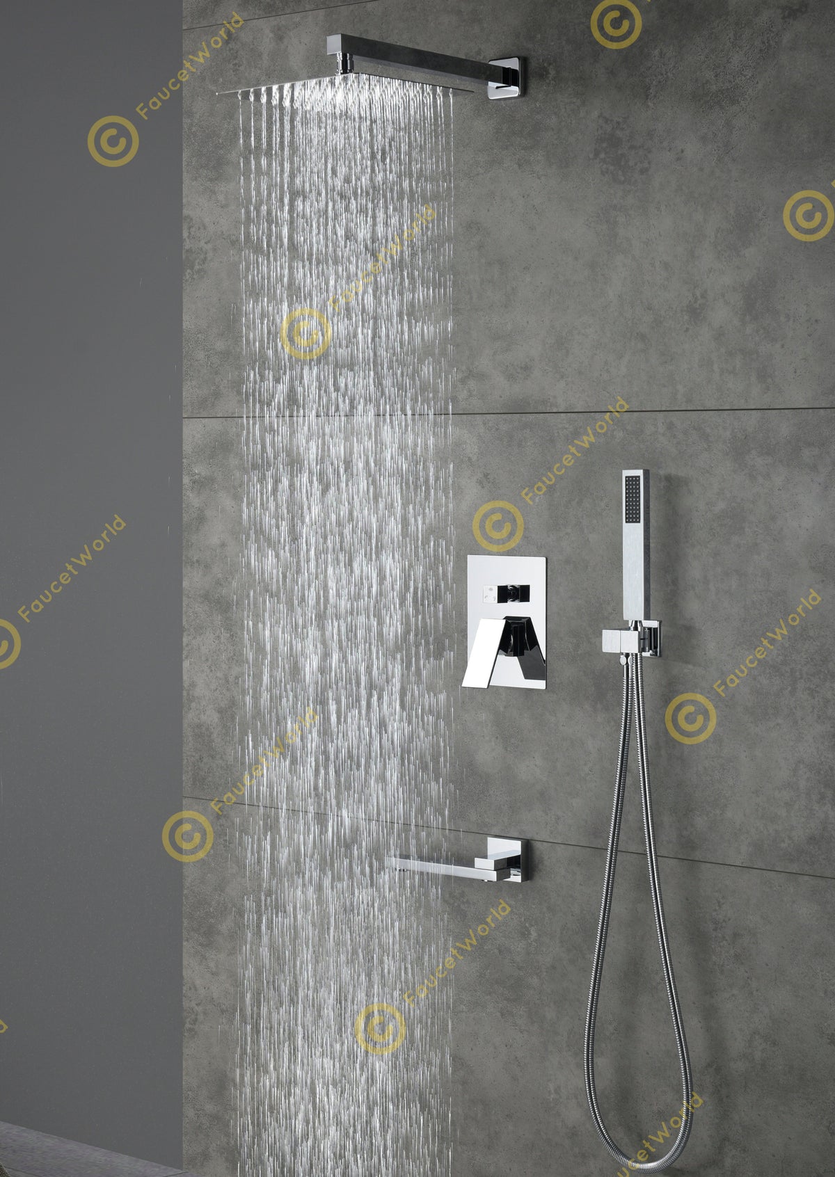 10" Wall Mounted 3 Way Pressure Balance Rainfall Shower System with Tub Spout Chrome