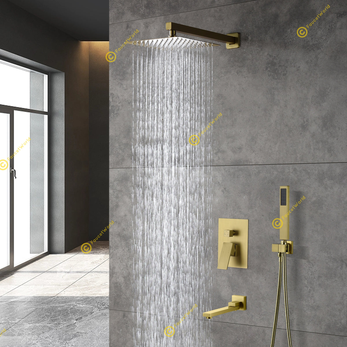 10" Wall Mounted 3 Way Pressure Balance Rainfall Shower System with Tub Spout Brushed Gold