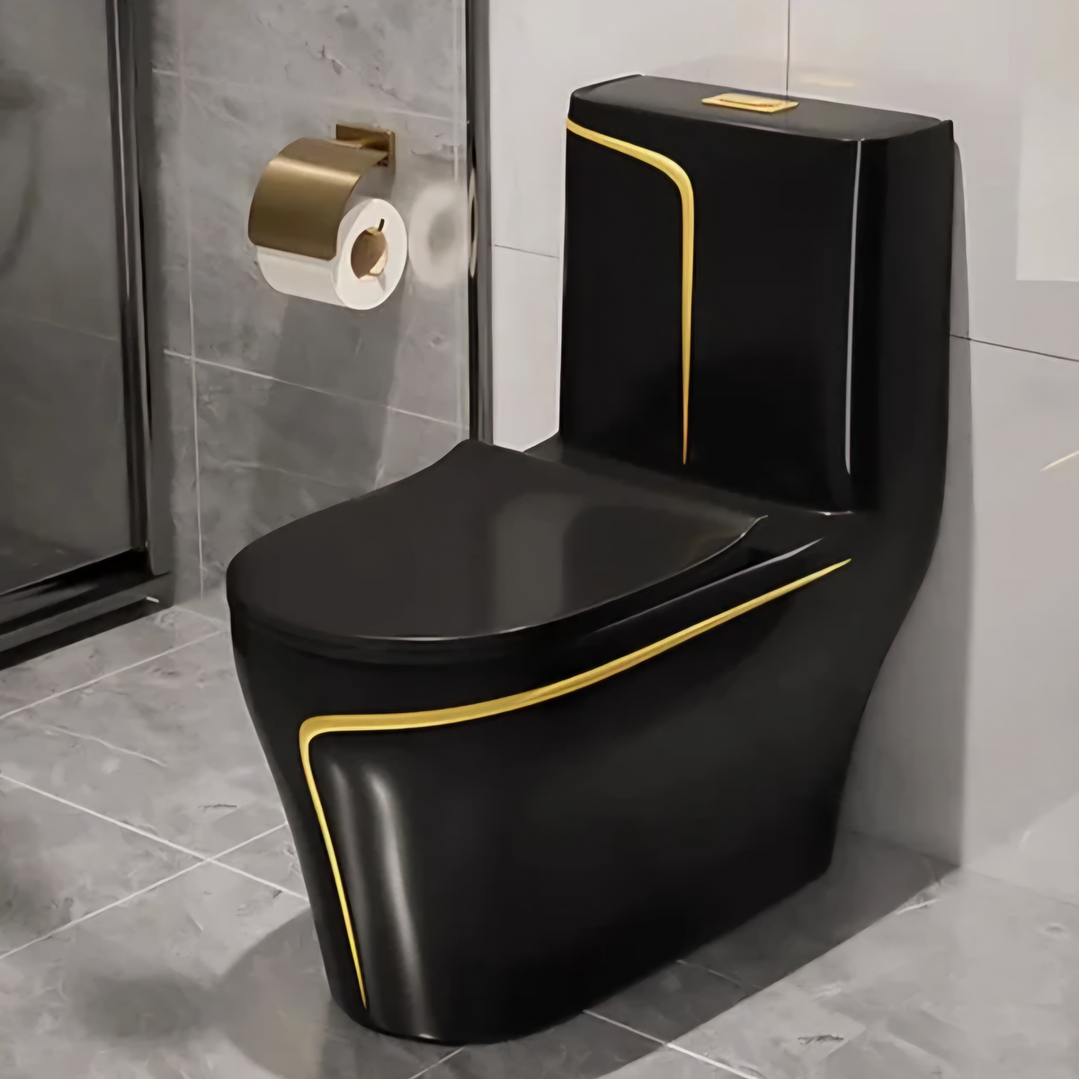 Modern Black and Gold, One Piece Ceramic Toilets Dual Flush