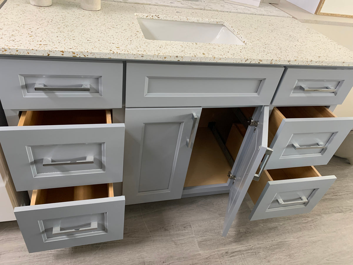 60" Solid Wood Vanity With Quartz Countertop Single Sink White/Grey