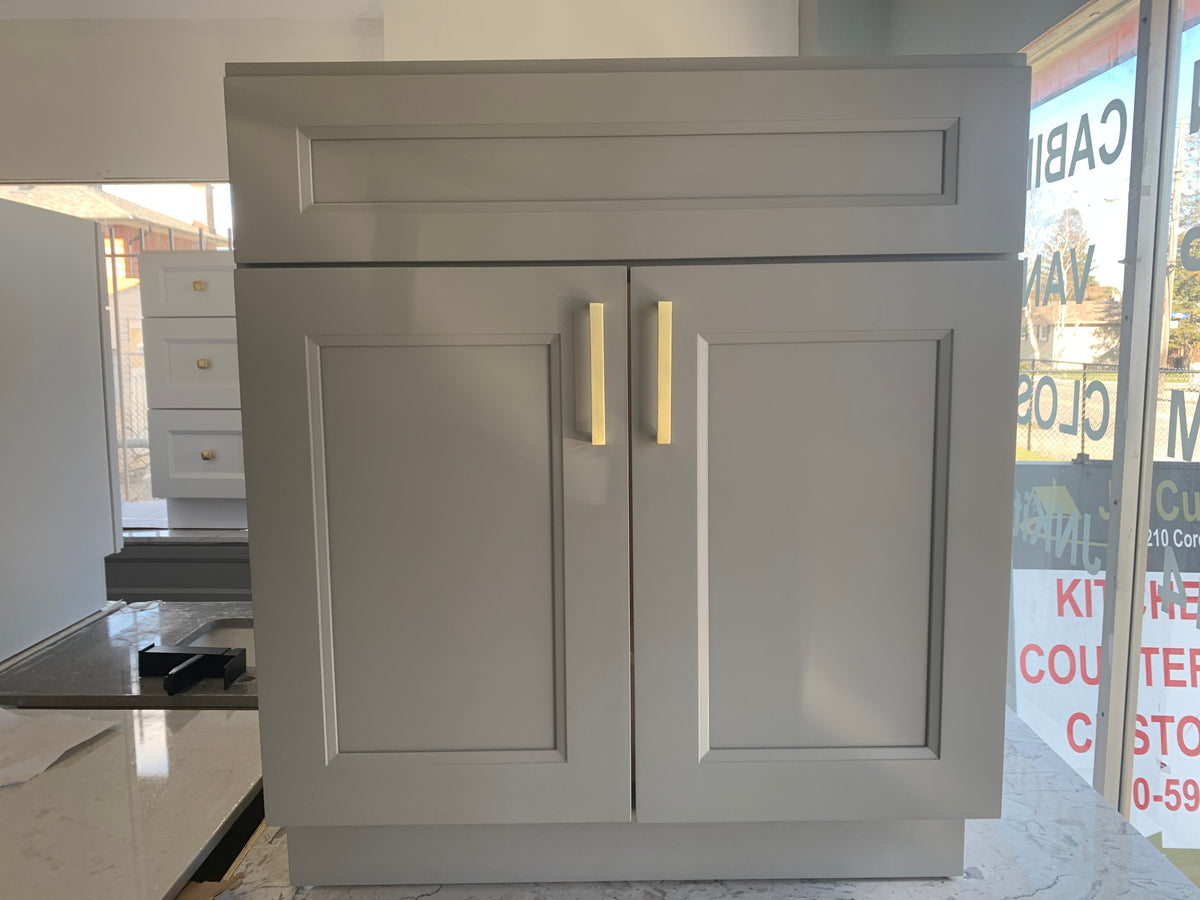 30″ Solid Wood Vanity with Quartz Countertop , White/Grey