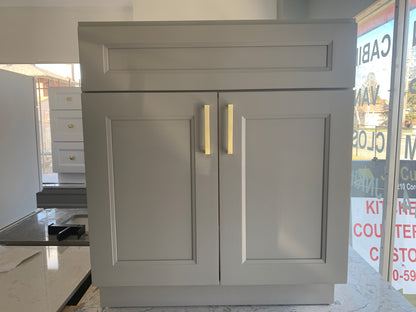 30″ Solid Wood Vanity with Quartz Countertop , White/Grey