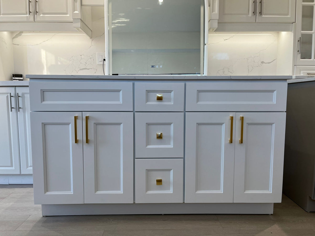 60'' Solid Wood Vanity with Quartz Countertop Double Sink -White/Grey