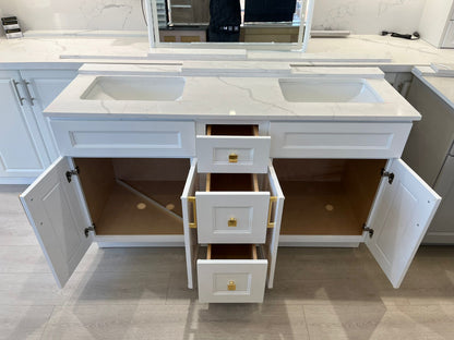 60'' Solid Wood Vanity with Quartz Countertop Double Sink -White/Grey
