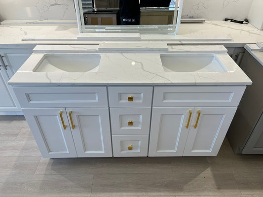 60'' Solid Wood Vanity with Quartz Countertop Double Sink -White/Grey