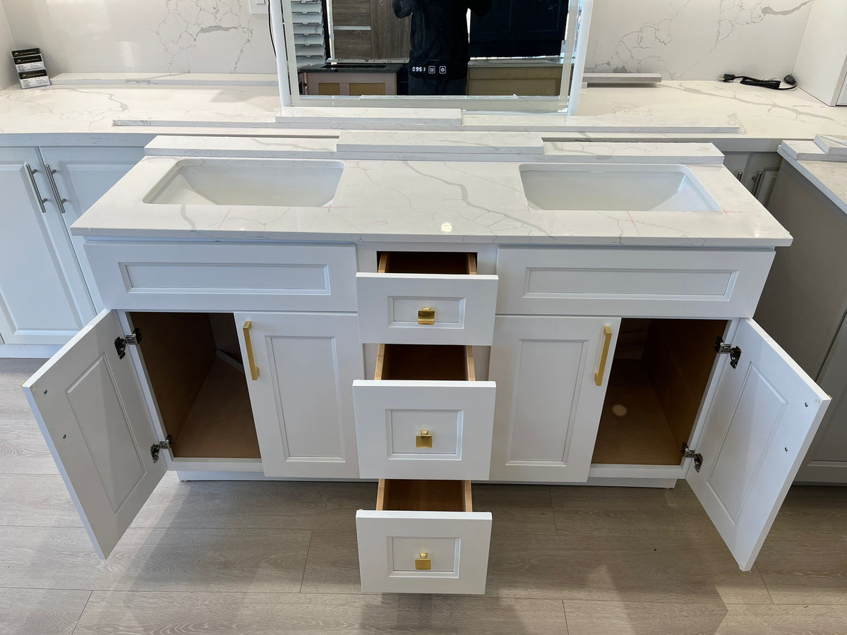 60'' Solid Wood Vanity with Quartz Countertop Double Sink -White/Grey