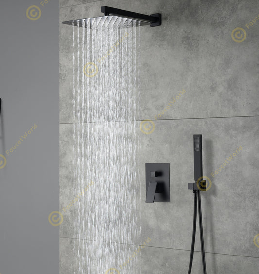 10" Wall Mounted 2 Way Pressure Balance Rainfall Shower System with Handheld Sprayer Matt Black