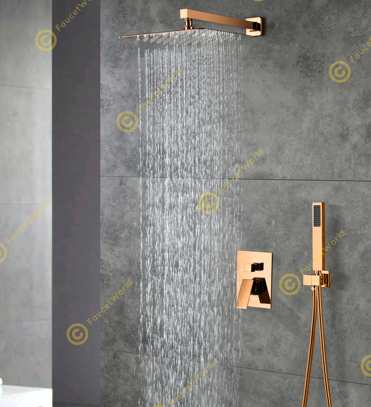 10" Wall Mounted 2 Way Pressure Balance Rainfall Shower System with Handheld Sprayer Rose Gold