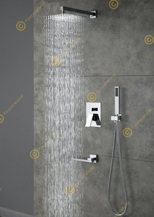10" Wall Mounted 3 Way Pressure Balance Rainfall Shower System with Tub Spout Chrome