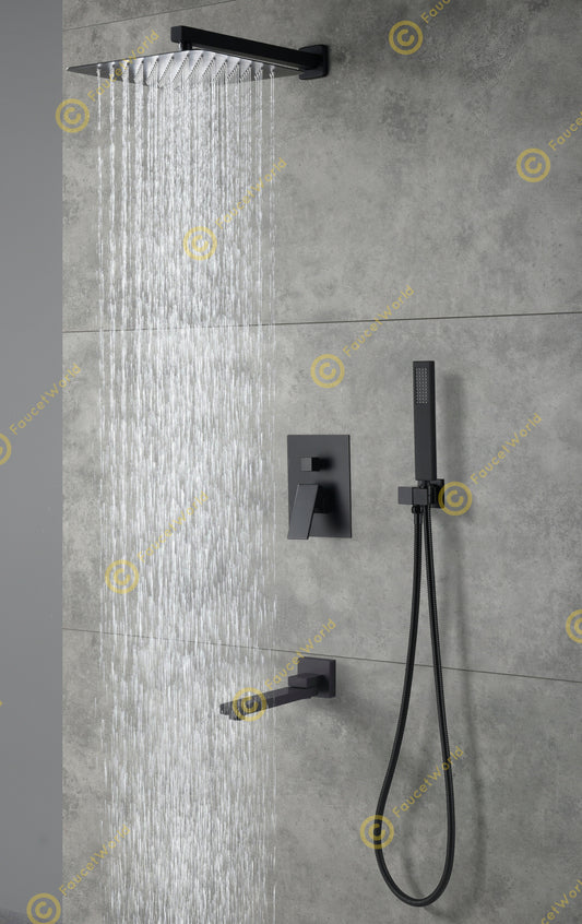 10" Wall Mounted 3 Way Pressure Balance Rainfall Shower System with Tub Spout Matt Black