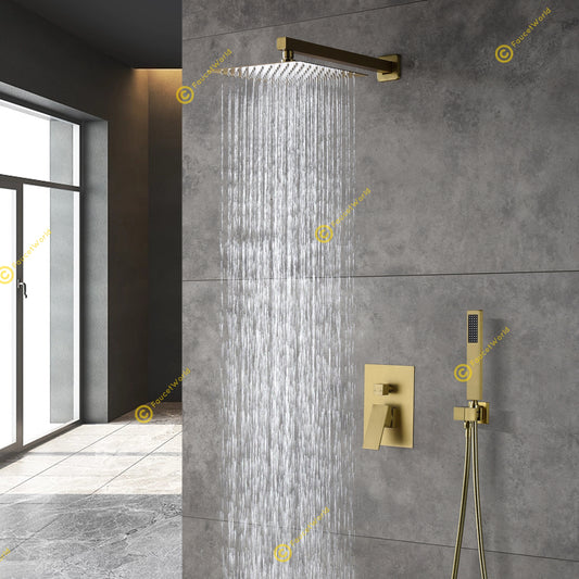 10" Wall Mounted 2 Way Pressure Balance Rainfall Shower System with Handheld Sprayer Brushed Gold
