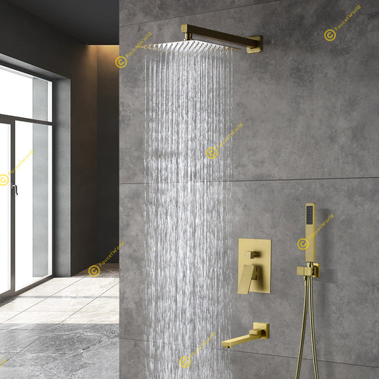 10" Wall Mounted 3 Way Pressure Balance Rainfall Shower System with Tub Spout Brushed Gold