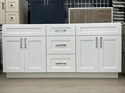 84'' Solid Wood Vanity With Quartz Countertop Double Sink White/Grey