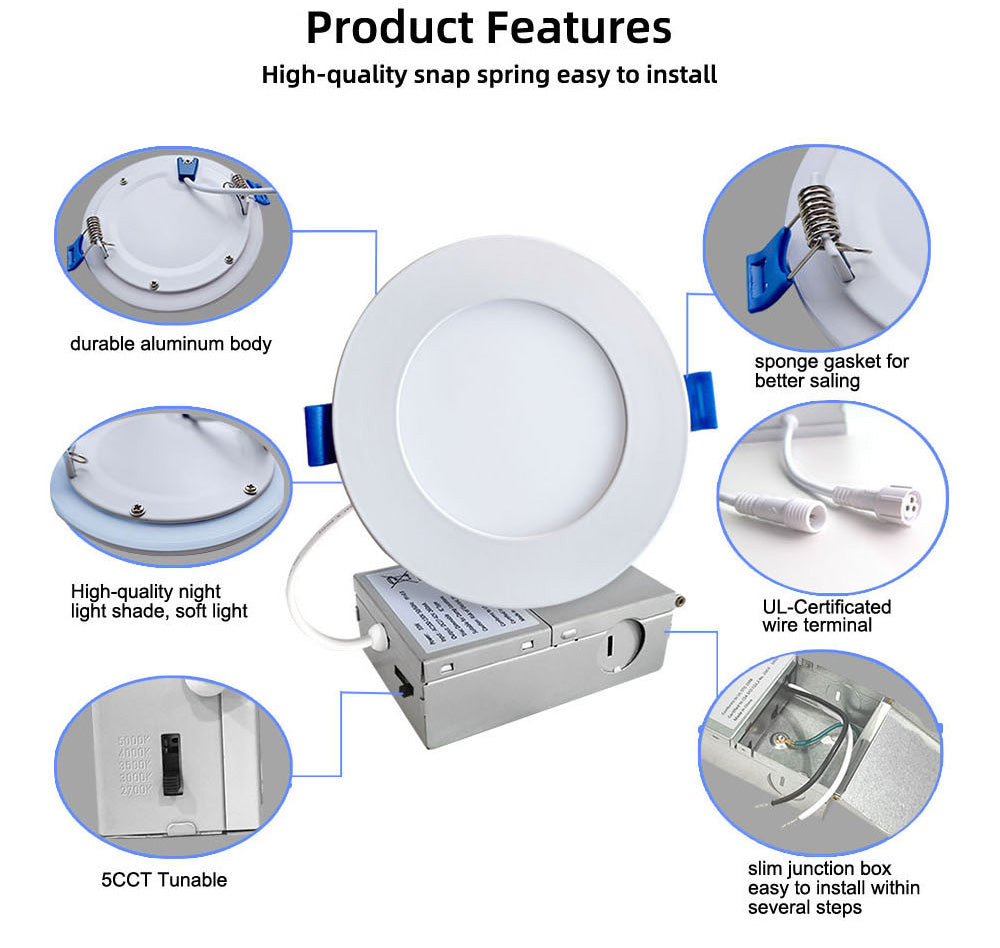 4" Pot Lights LED with Night Light, Dimmable & 5CCT IC Rated, 10W
